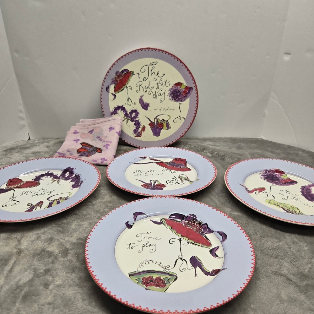 The Red Hat Way Salad Plate Set of 4 with Gift Box and Napkin Purple‎ Red 91315